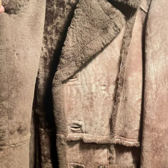 Vintage Brown Shearling-Style Leather Coat | Mid-Length Winter Jacket 44 - Picture 4 of 8